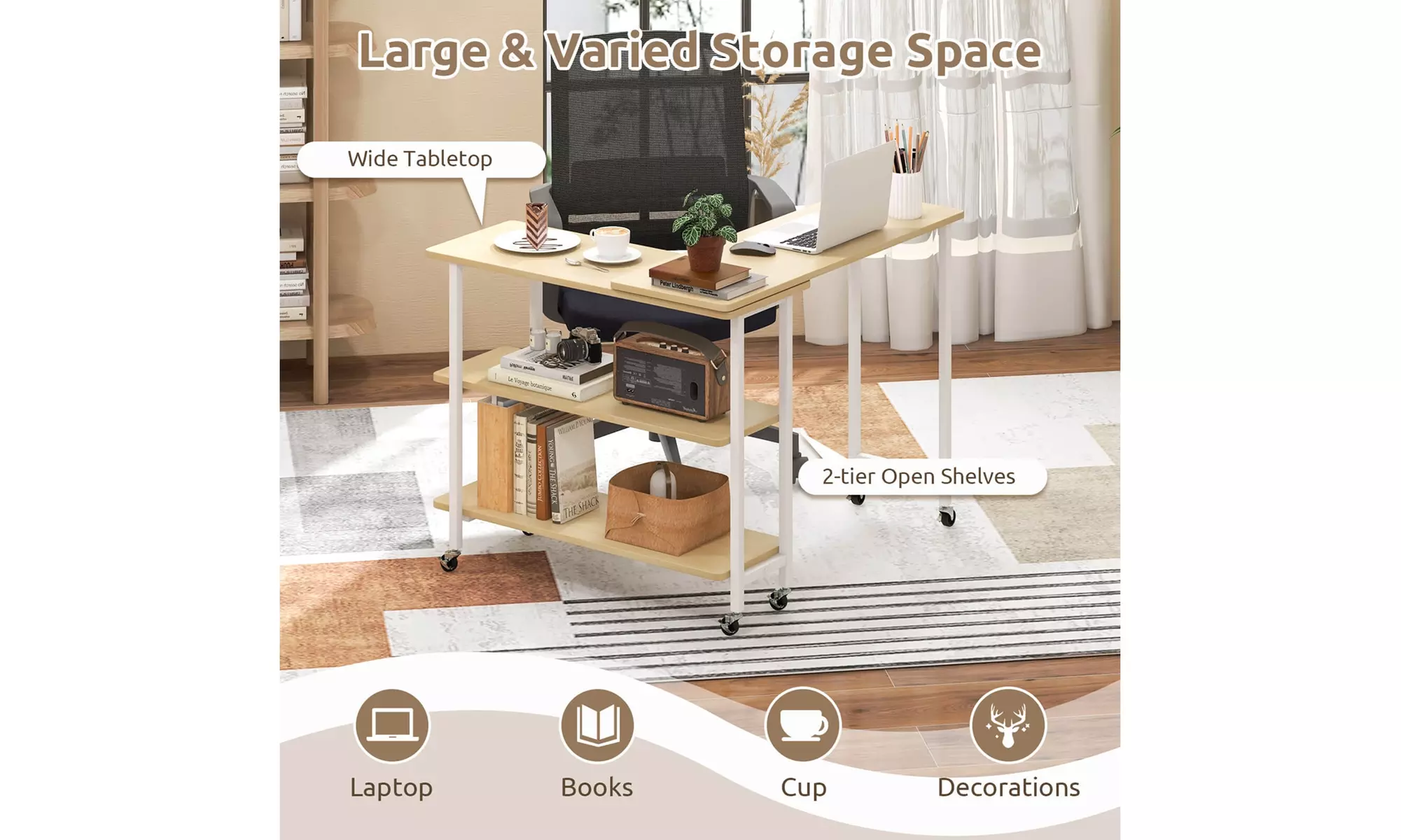 Costway 360-degree Rotating L-Shaped Sofa Side Table with Shelf