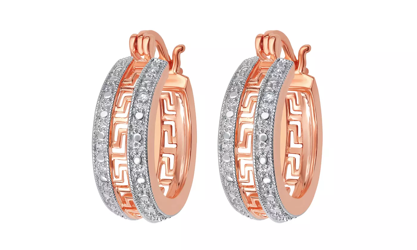 14K Gold-Plated Diamond-Accent Greek-Key Hoop Earrings by Brilliant Diamond