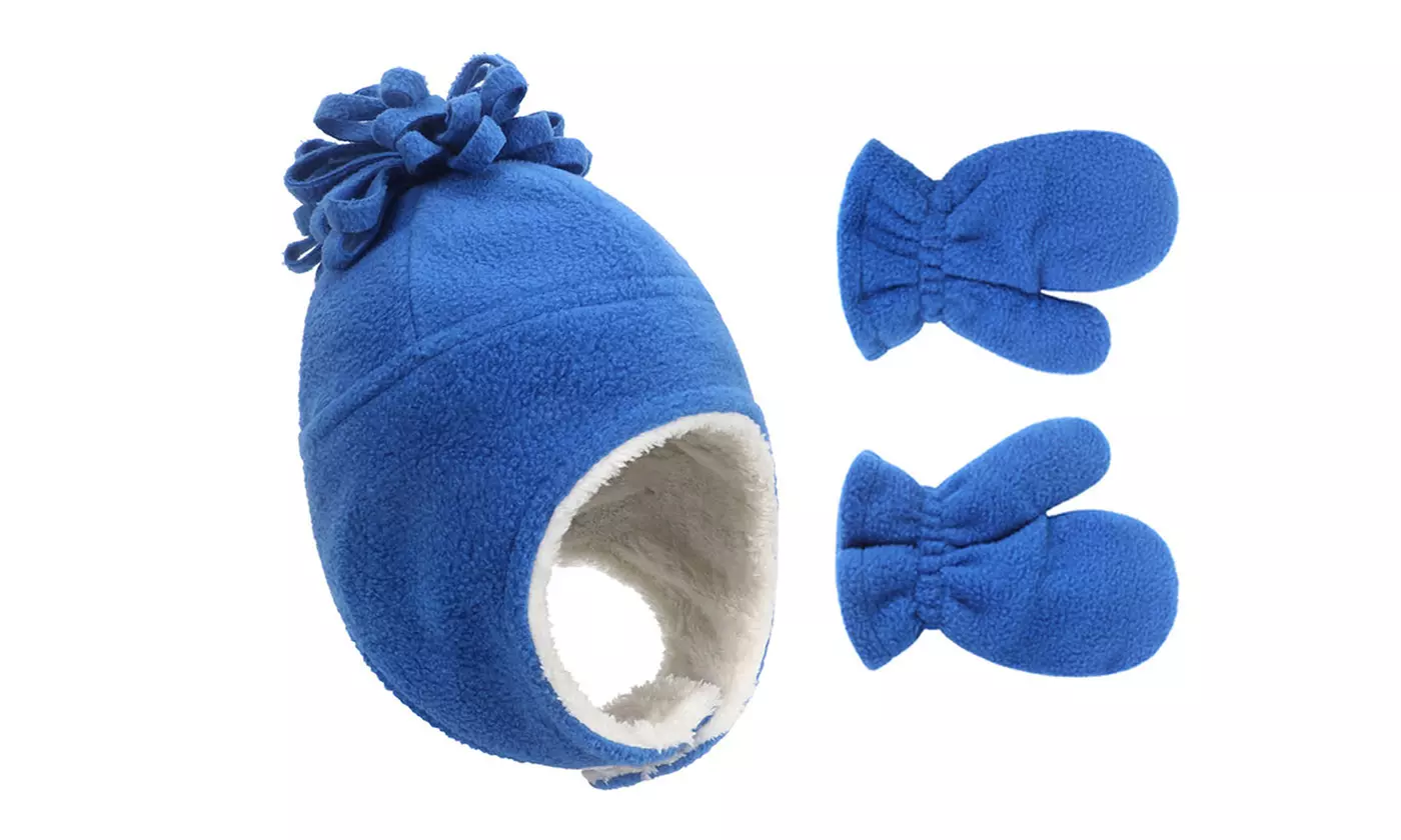 Baby Kids Winter Warm Sherpa Lined Warm Fleece Pilot Hat and Mittens Sets