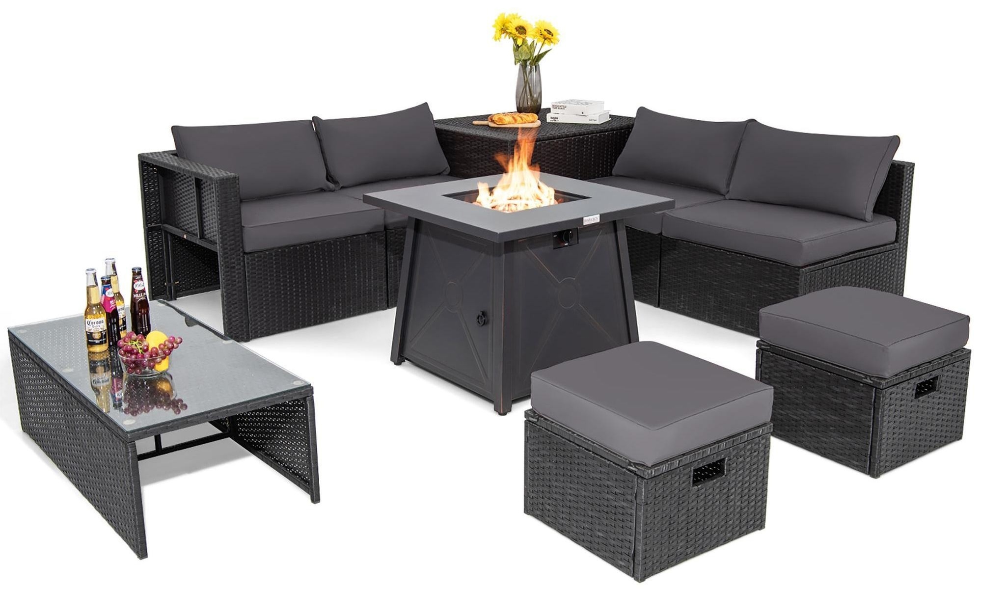 9PCS Costway Patio Rattan Furniture Set Fire Pit Space-saving W/ Cover  Cushion