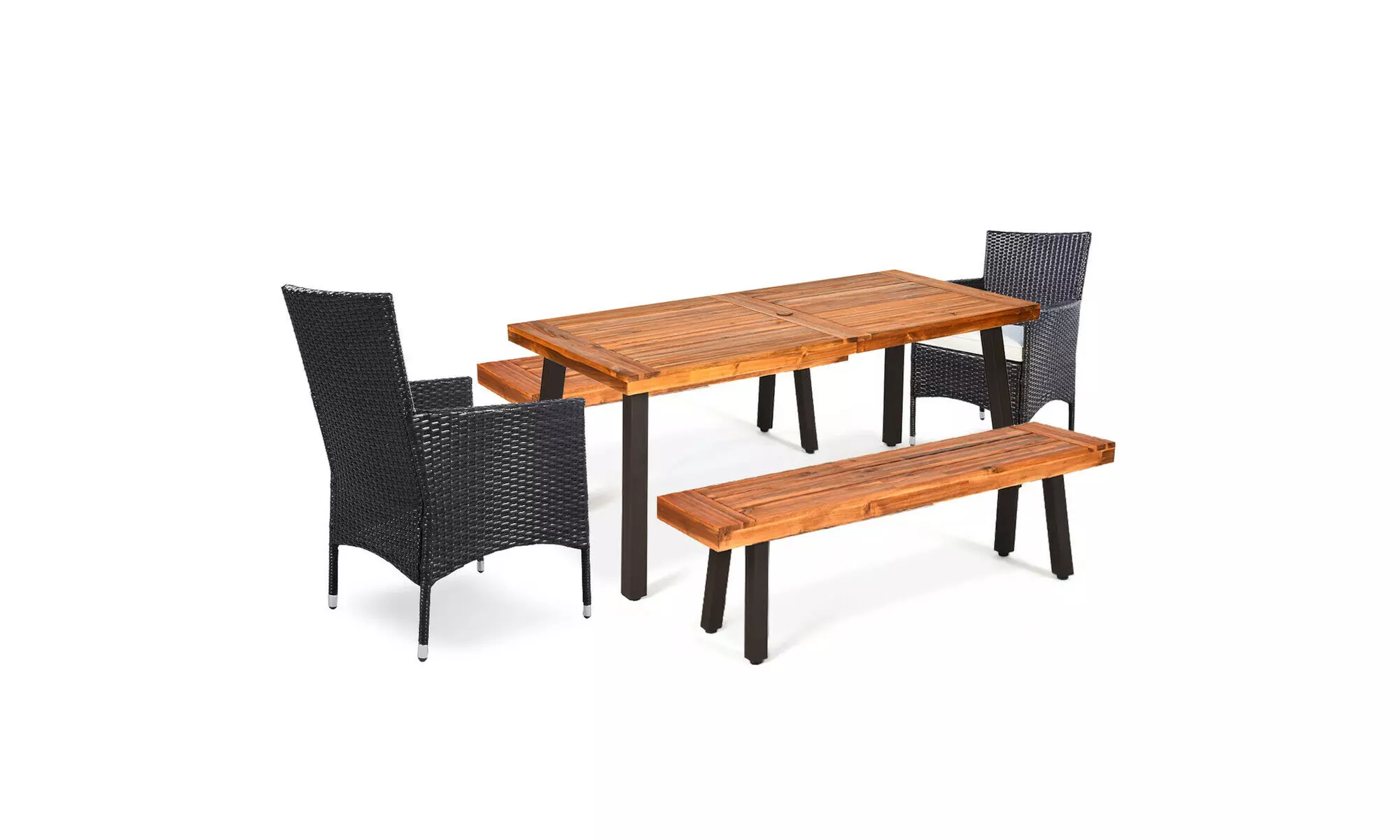 5 -Piece Acacia Wood Dining Set w/2 Wicker Chair 2 Bench Umbrella Hole - Primary Image