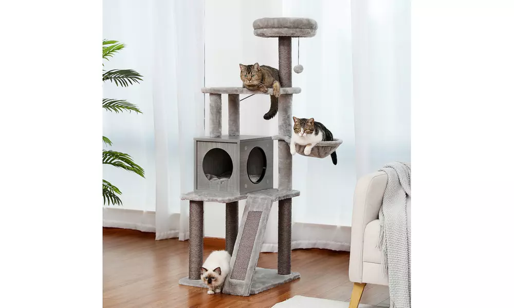 Wooden Cat Tree 4 Levels Platform for Large Cats Featuring - Primary Image