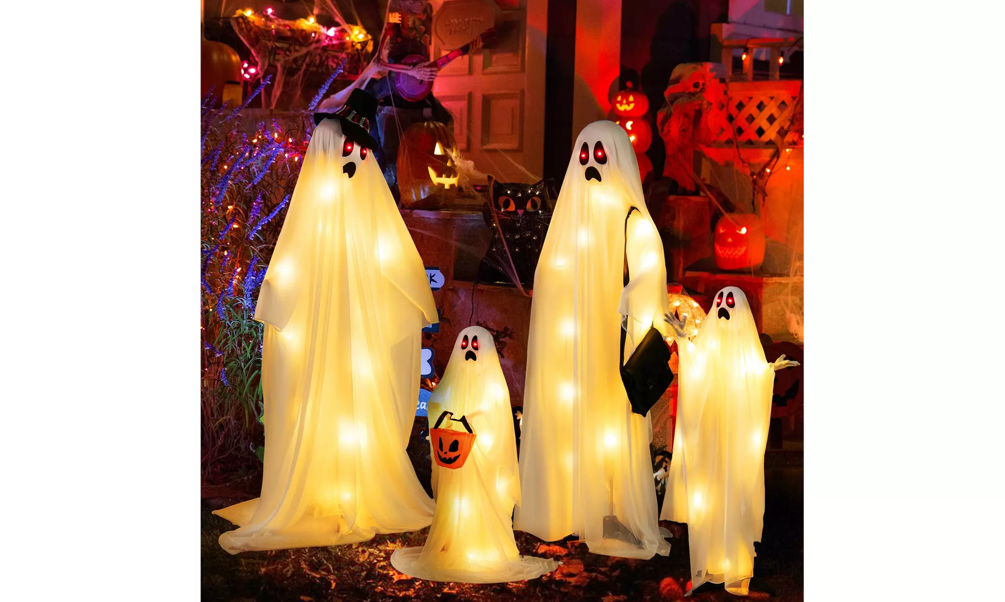 Costway 4 PCS Halloween Light up White Cloth Ghosts Life-size Standing Ghost