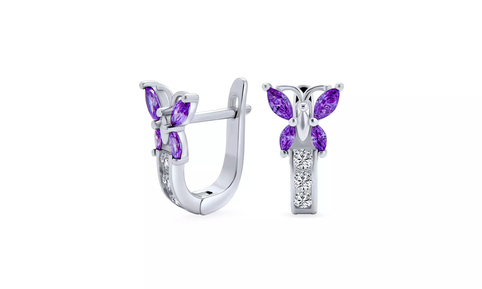 Purple Cubic Zirconia Garden Insect Butterfly Hoop Earrings Sterling Silver - Primary Image