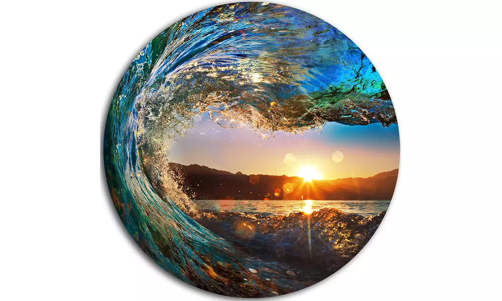 Colored Ocean Waves Falling Down' Seashore Metal Circle Wall Art - Second Medium