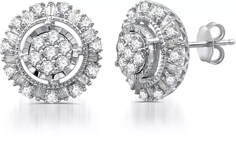 1.00 CTTW Diamond Round Frame Stud Earrings in Sterling Silver By DeCarat - Primary Image
