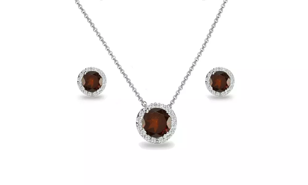 Garnet Round Halo Necklace & Stud Earrings Set w/ White Topaz Accents in Silver - Primary Image