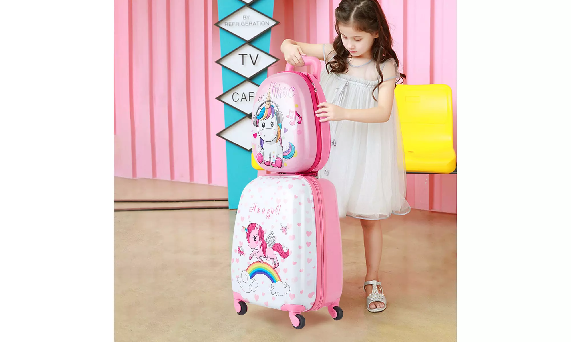 Costway 2PC Kids Luggage Set 12'' Backpack & 16'' Rolling Suitcase Horse