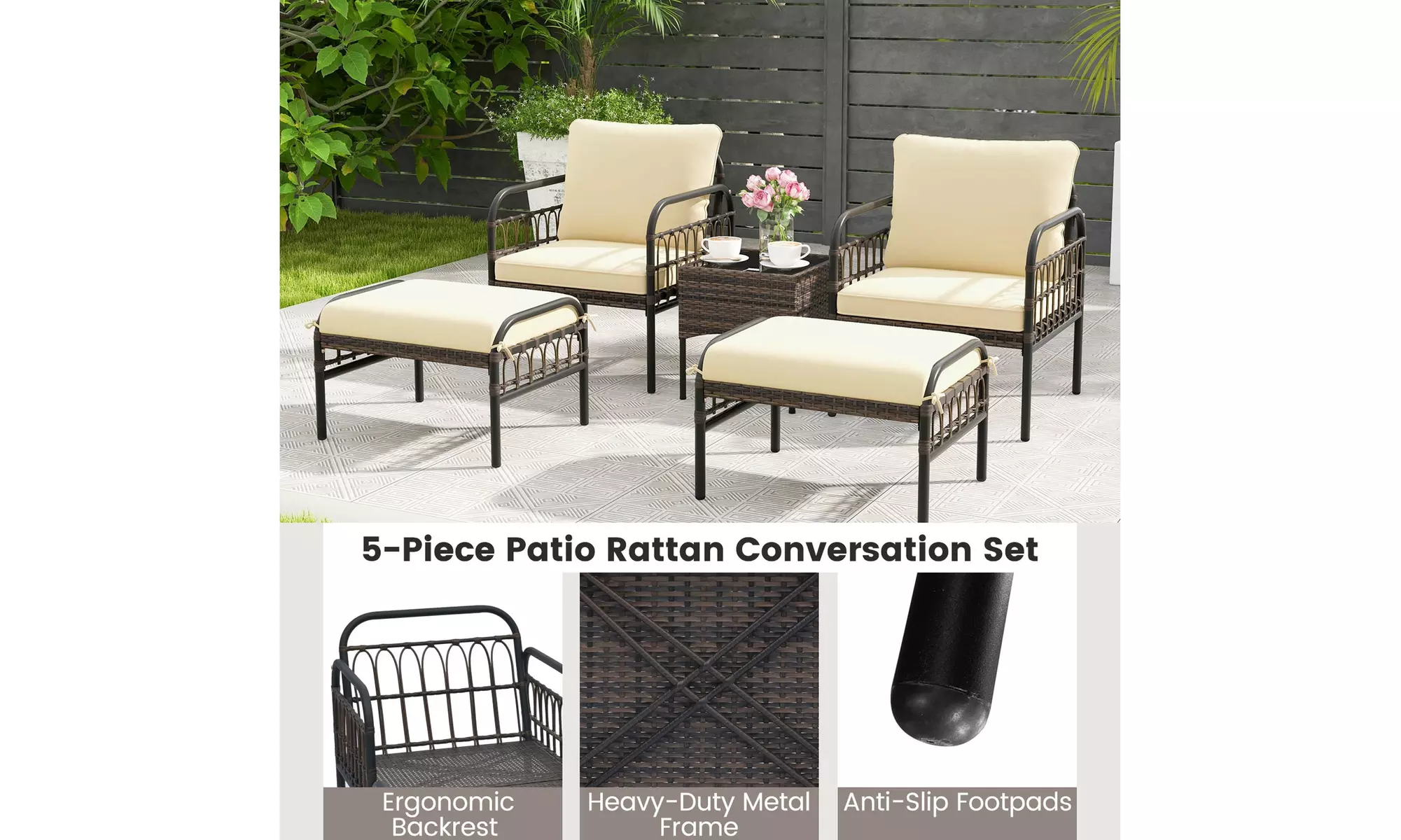 Costway 5 Piece Patio Conversation Set - Outdoor Wicker Chairs, Ottomans & Table