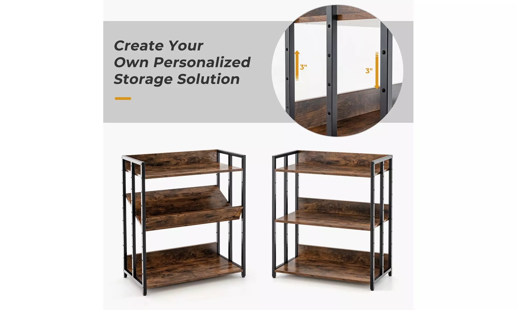 Costway 3-Tier Industrial Metal Frame Corner Bookcase with Adjustable Shelves