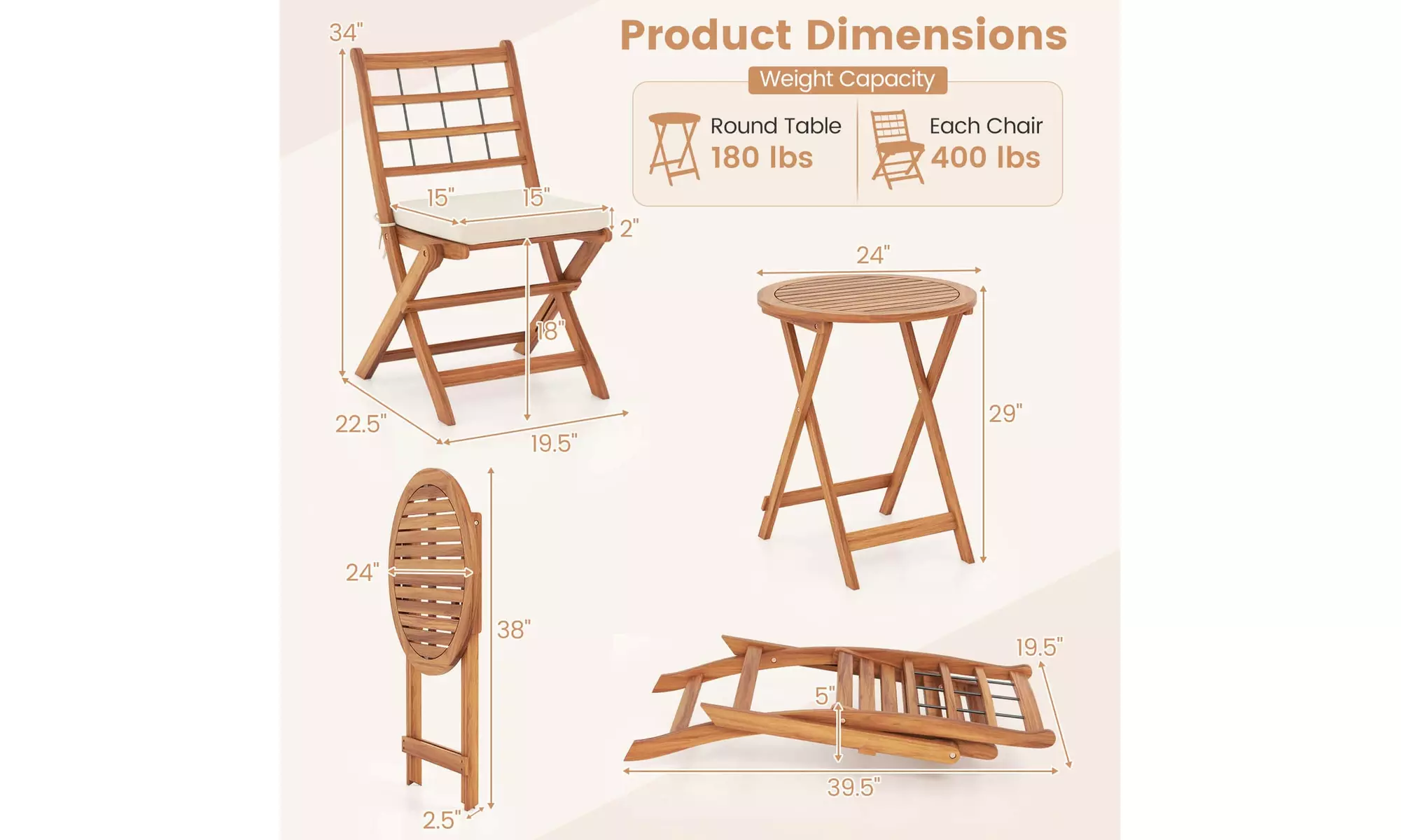 Costway 3 PCS Acacia Wood Patio Bistro Set Folding Outdoor Table and Chairs