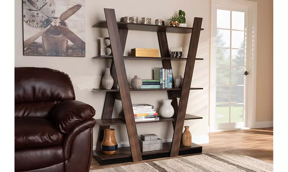 Michio Walnut Brown Finished 5-Tier Wood Geometric Living Room Display Shelf - Primary Image