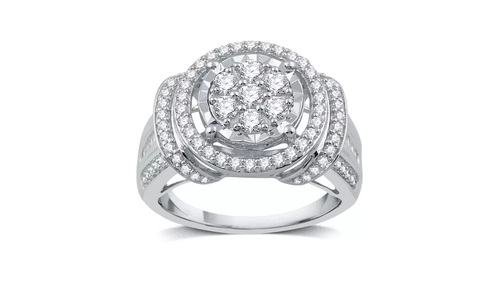 1 CTTW Diamond Round Frame Engagement Ring in Sterling Silver By DeCarat - Primary Image