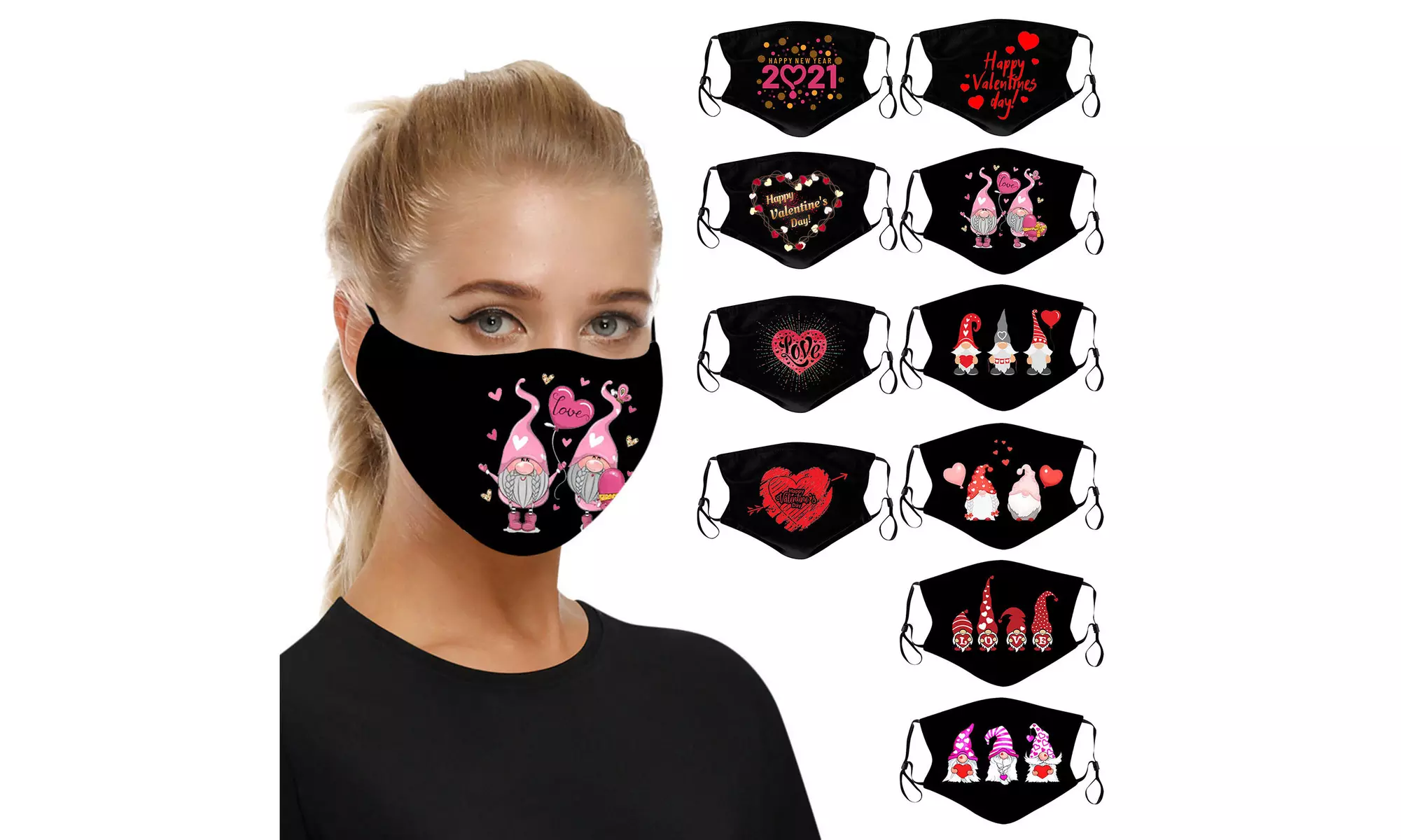 10pc Adult Valentine Print Mouth Mask for Protection Mask Washable Earloop Mask - Primary Image