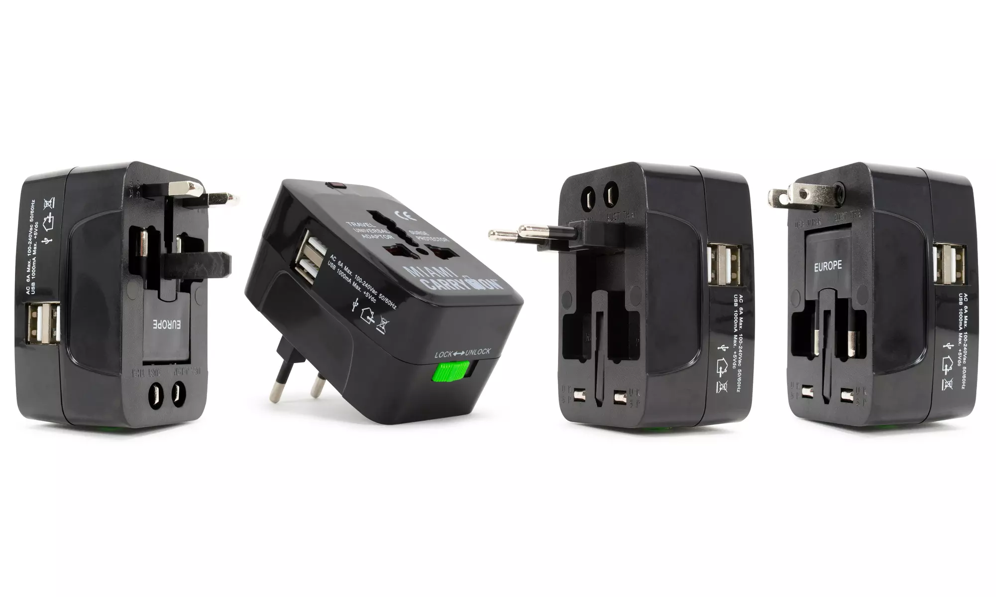 Miami CarryOn International Travel Adapter with Two USB Ports (1/2/3/4 Packs)