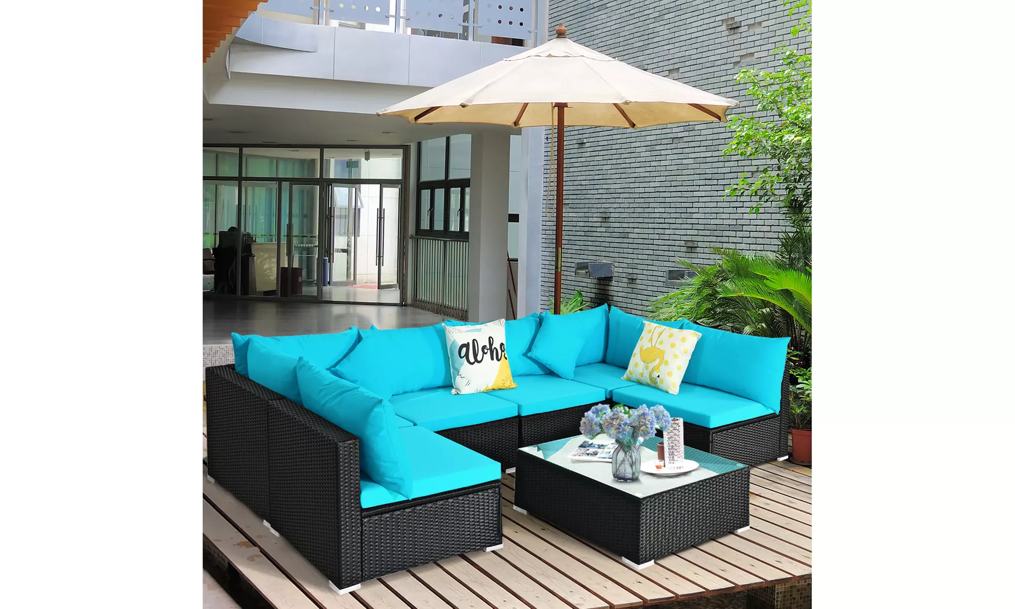 Costway 7PCS Patio Rattan Sofa Set Sectional Conversation Furniture Set Garden