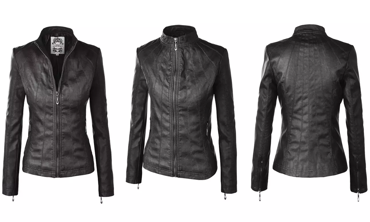 Made By Johnny Womens Faux Leather Zip Up Moto Biker Jacket