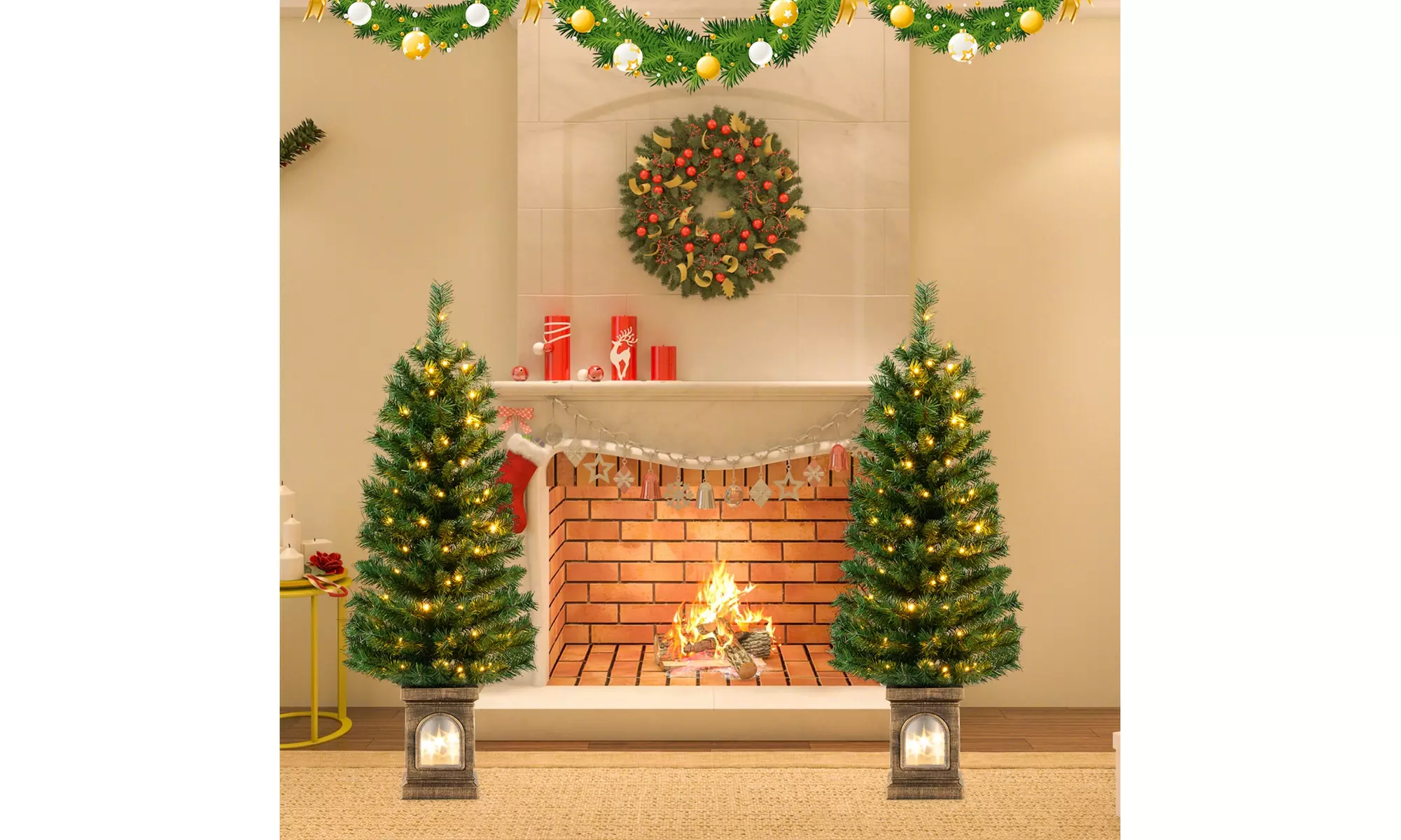 Costway 4 FT Pre-Lit Potted Christmas Tree Artificial Decor 3 Lighting Modes
