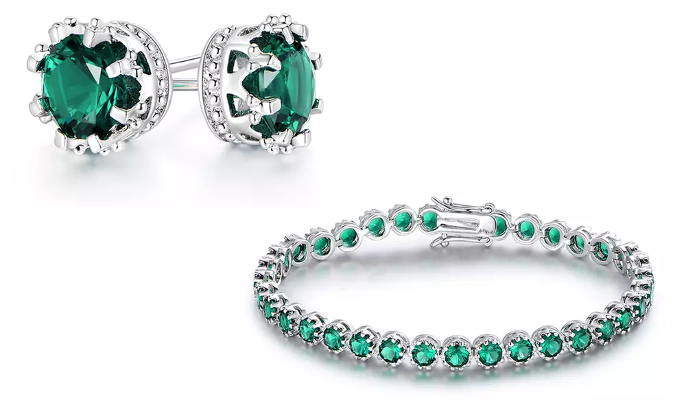 Lab-Created Emerald Crown Stud Earrings with Matching Bracelet Set By GEMBASSY - Primary Image
