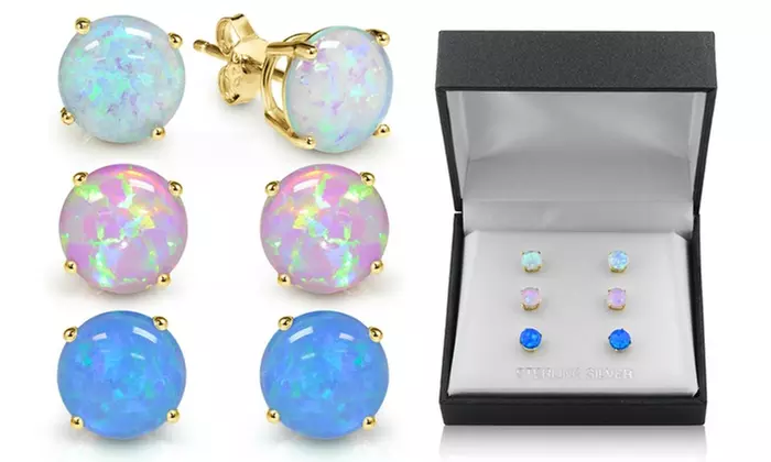 Sterling Silver Trio Blue,White and Pink Opal Set With Gift Box