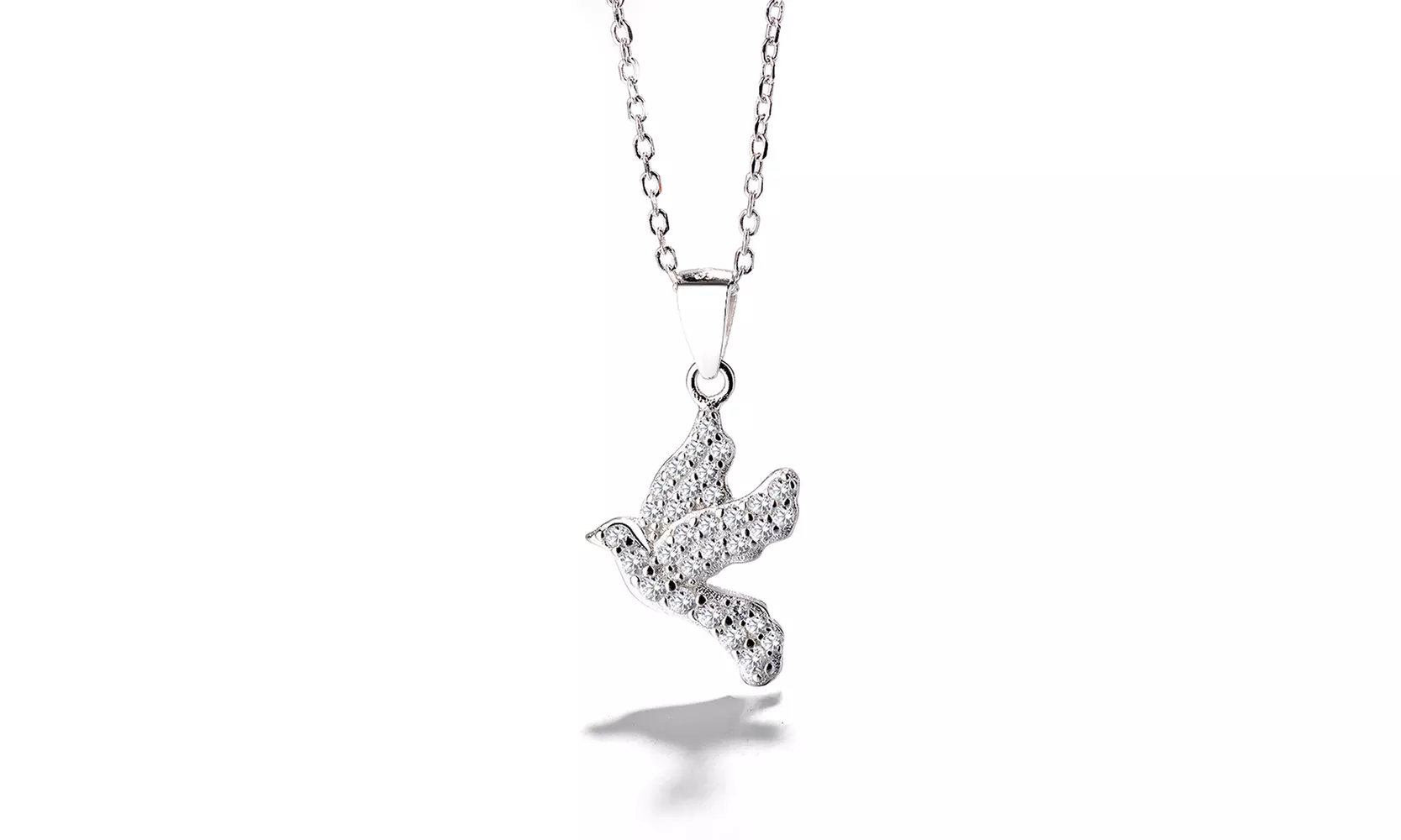 18K White Gold Plated Flying Dove Pendant Necklace Studded with Genuine Crystal - Second Medium