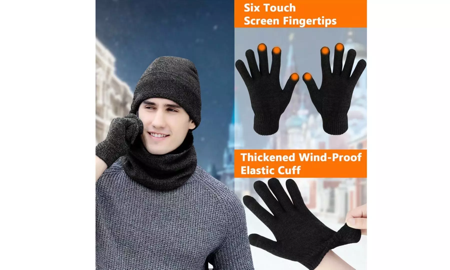 Winter Beanie Hat Touchscreen Gloves Scarf Warm Windproof Christmas(Set of 3)