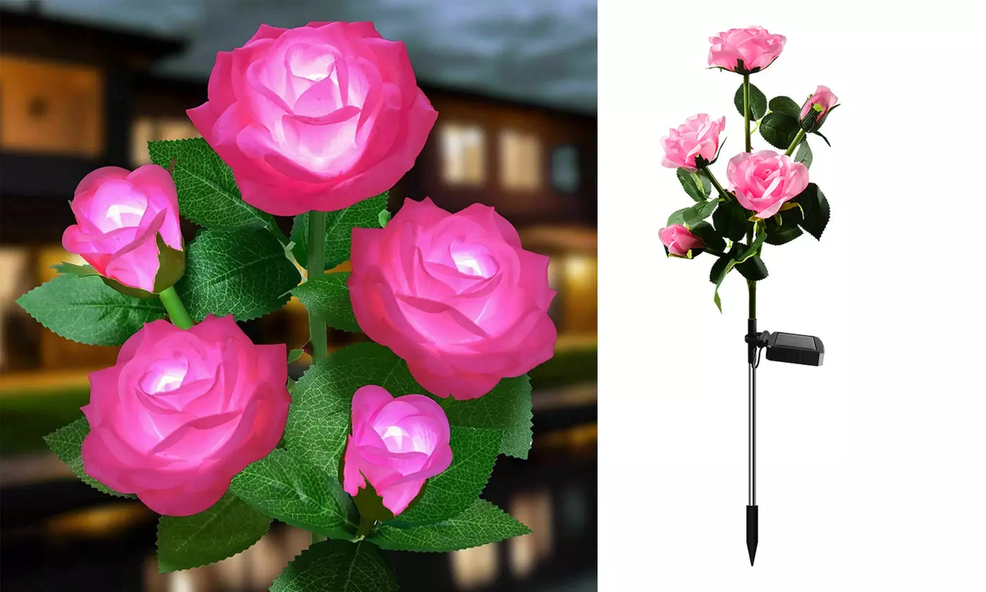 LED Solar 5 Rose Flowers Garden Stake Decor Lights 