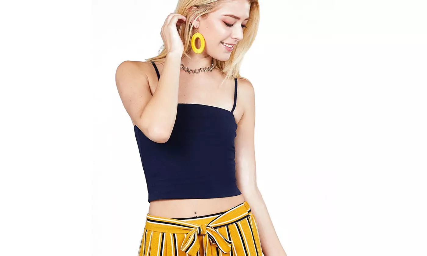 Ladies fashion Navy straight neck crop double layer cami top - Second Medium