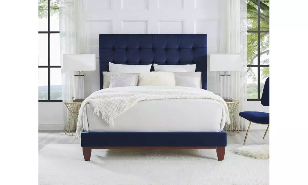 Ryan Velvet Or Linen Button-Tufted Platform Bed  - Primary Image
