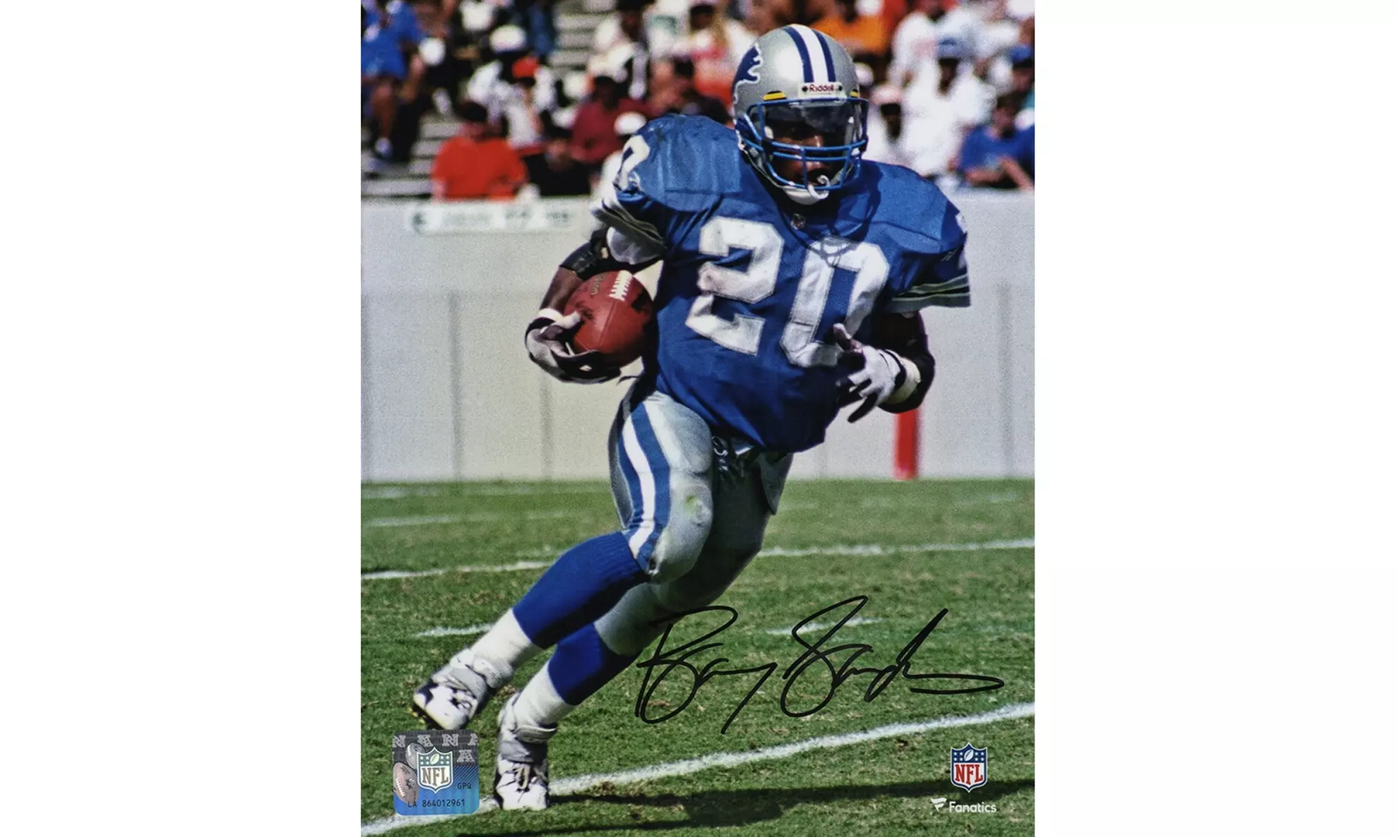 Barry Sanders Signed Lions Blue Jersey Running With Football Action 8x10 Photo