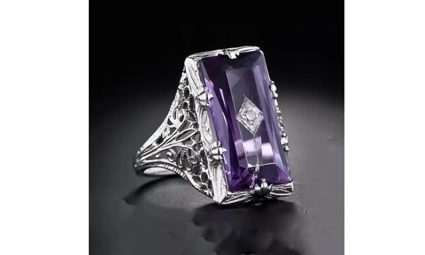 Womens 925 Sterling Silver Ring Emerald Amethyst Retro Hollow Diamond Jewelry - Primary Image