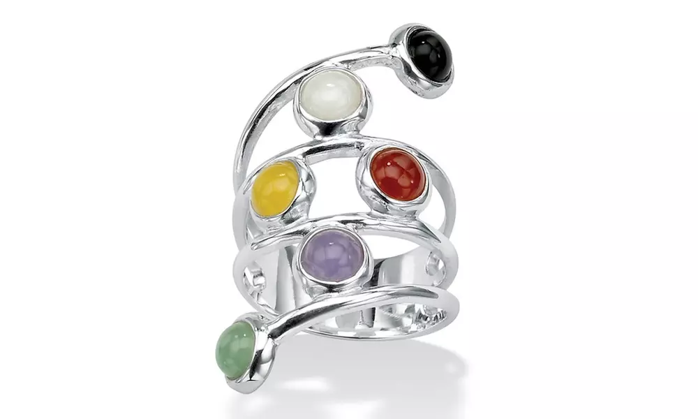 Round Multicolor Genuine Jade Bezel-Set .925 Sterling Silver Wrap Ring - Primary Image