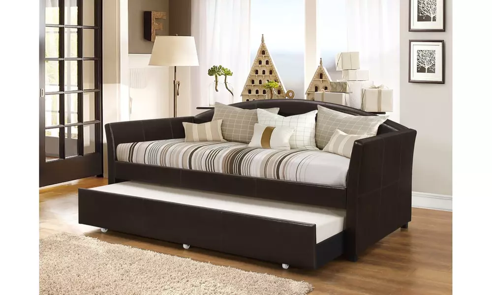 London Faux Leather Arched Back Sofa Twin Daybed with roll-out Trundle Guest Bed - Second Medium