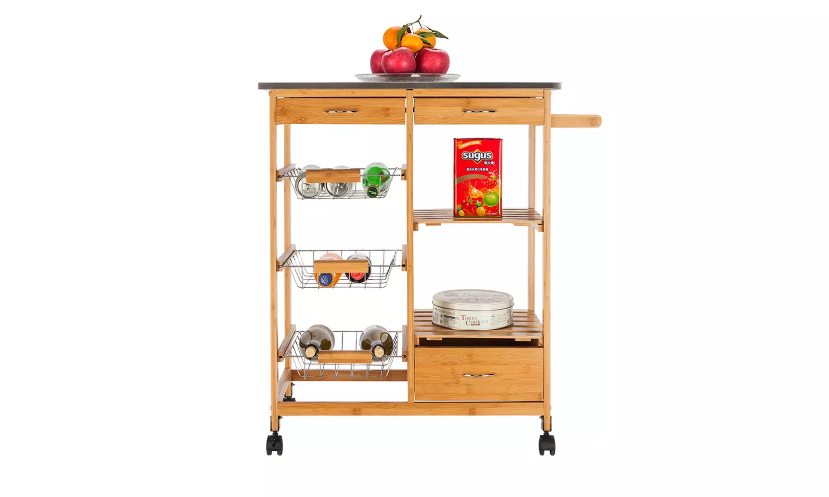 Wood Kitchen Trolley Cart Stainless Steel Top Rolling Storage Cabinet Island