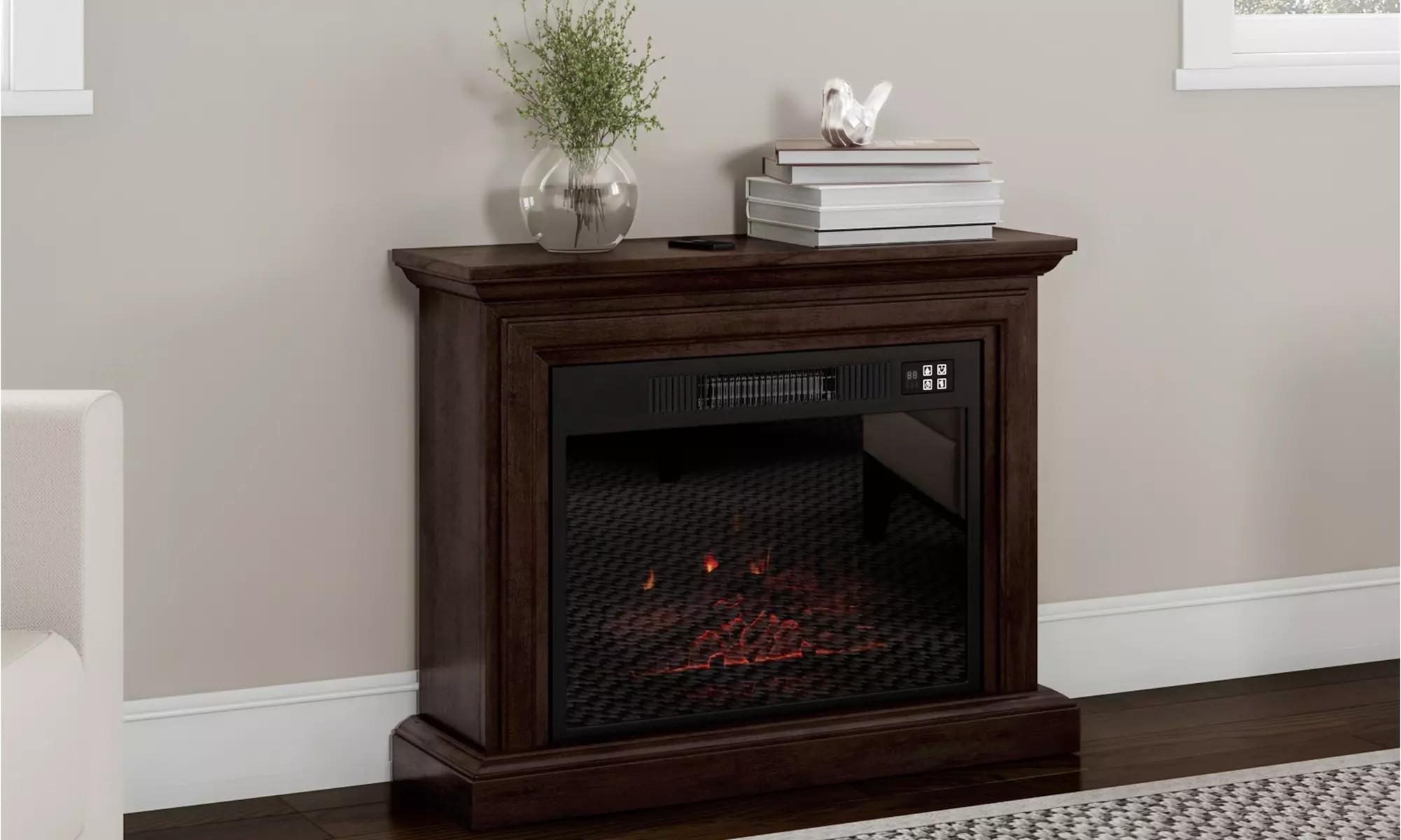 Mobile Electric Fireplace Heater w/ Wheels, Remote Control, LED Flames, & Logs - Primary Image