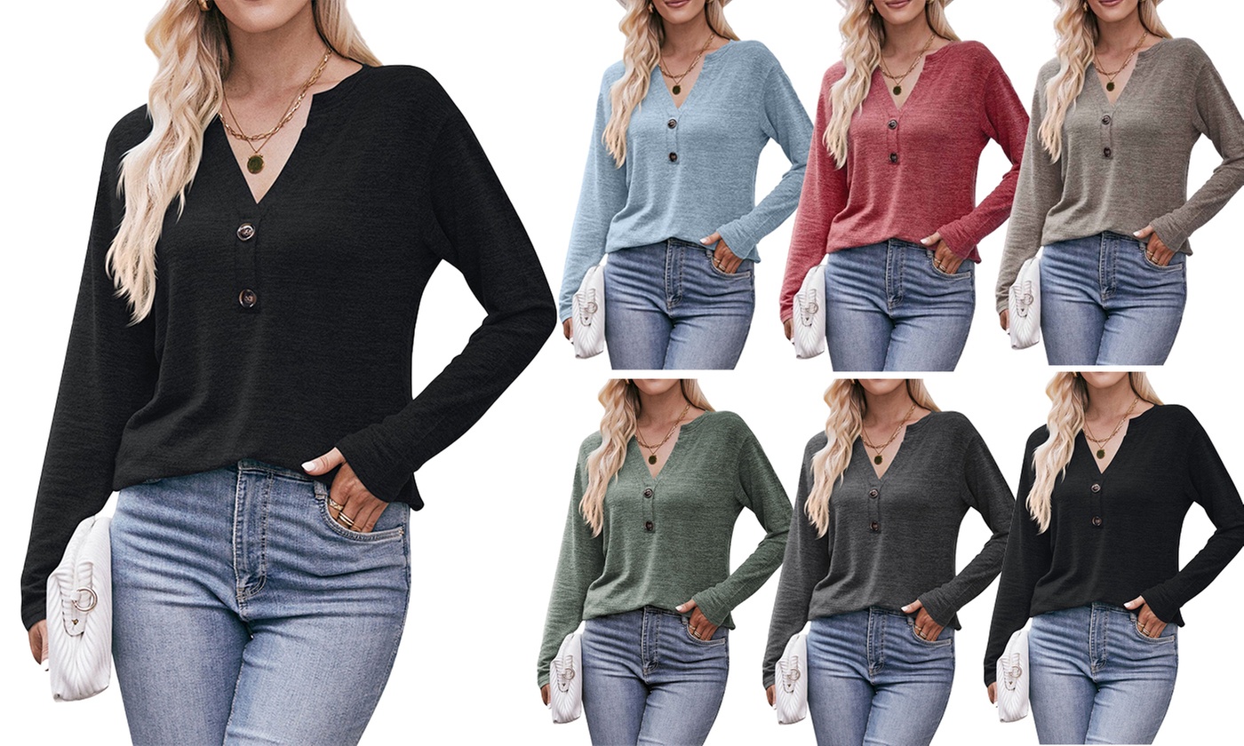 Bohuma Women's Solid Henley Shirts Long Sleeve Slim Buttoned Tunic - Primary Image