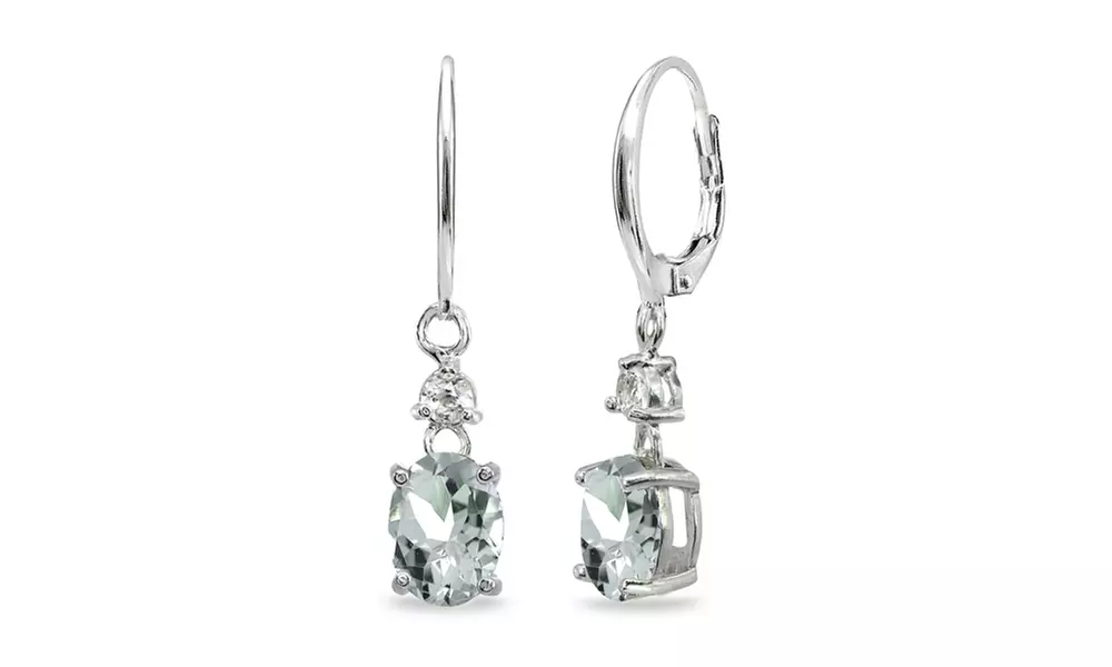 8x6mm Oval Light Aquamarine & White Topaz 925 Silver Dangle Leverback Earrings - Second Medium