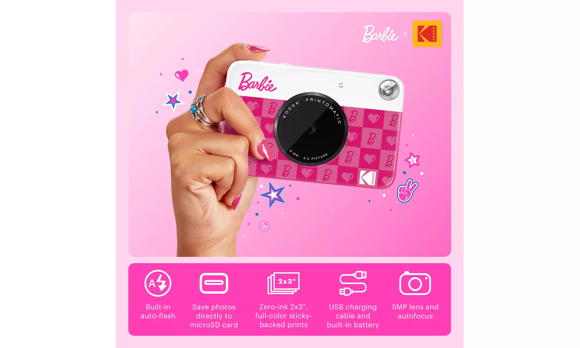 Barbie x Kodak Printomatic 2x3 Instant Print Camera, 5MP Portable Camera