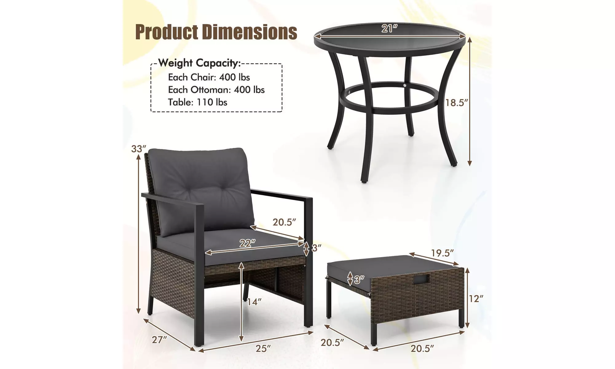 Costway 5 PCS Outdoor Furniture Set Rattan Chairs & Ottomans with Coffee Table