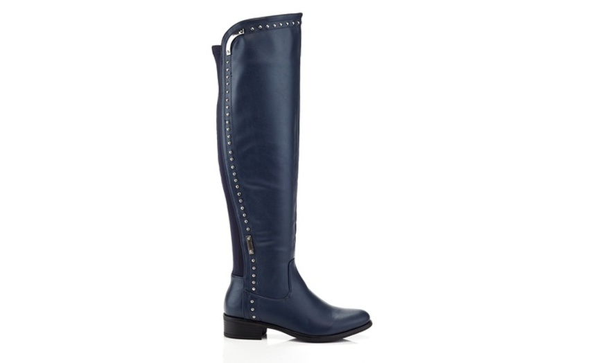 navy blue knee high leather boots