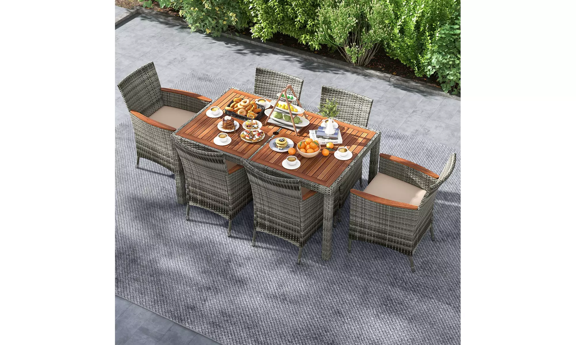 Costway 7 Pieces Outdoor Wicker Dining Set with Acacia Wood Table and 6 Chairs