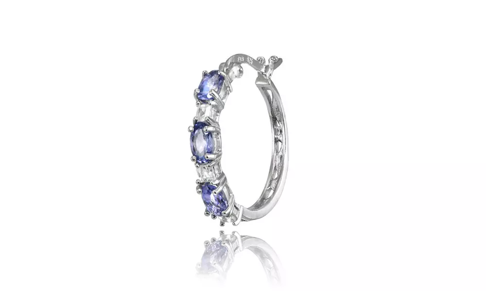 925 Silver 5x3mm Oval Tanzanite & Princess White Topaz Filigree Hoop Earrings - Second Medium