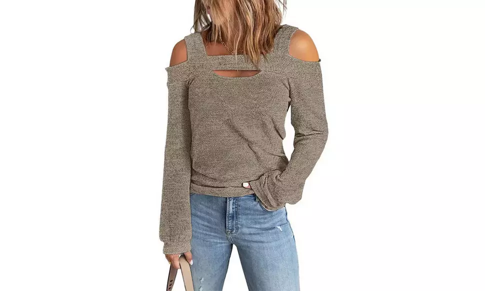 Womens Cold Shoulder Long Sleeve Hallow Out Pullover T-Shirt Tops Blouse Tunic