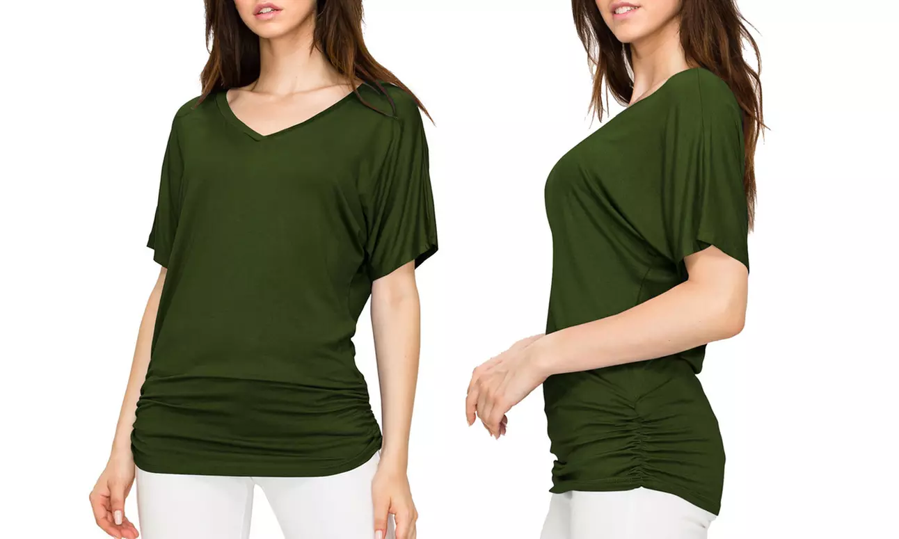 Made by Johnny Womens Solid Short Sleeve V-Neck Dolman Top with Side Shirring