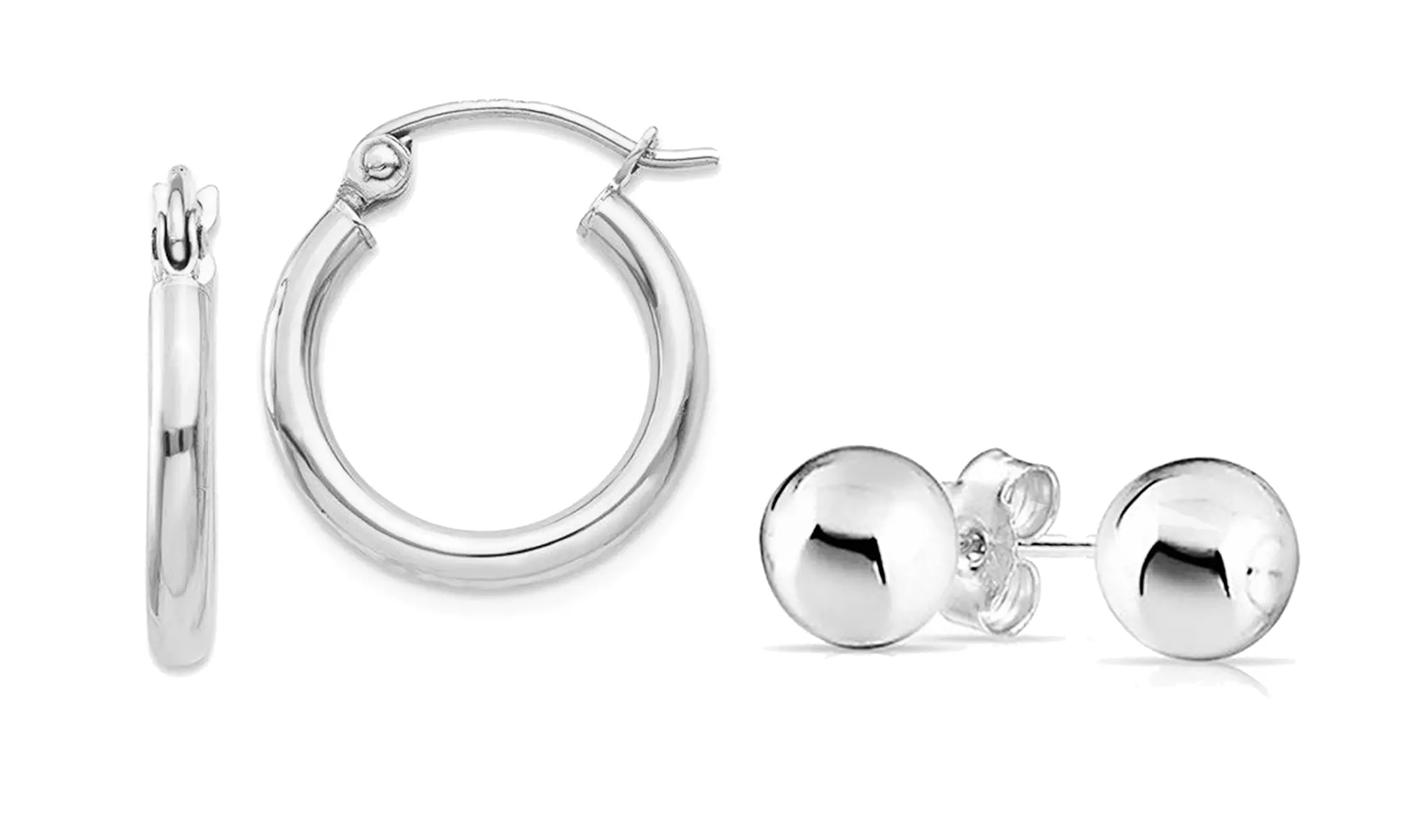 Polished Plain Hoop and Ball Stud Earrings Set in Solid Sterling Silver