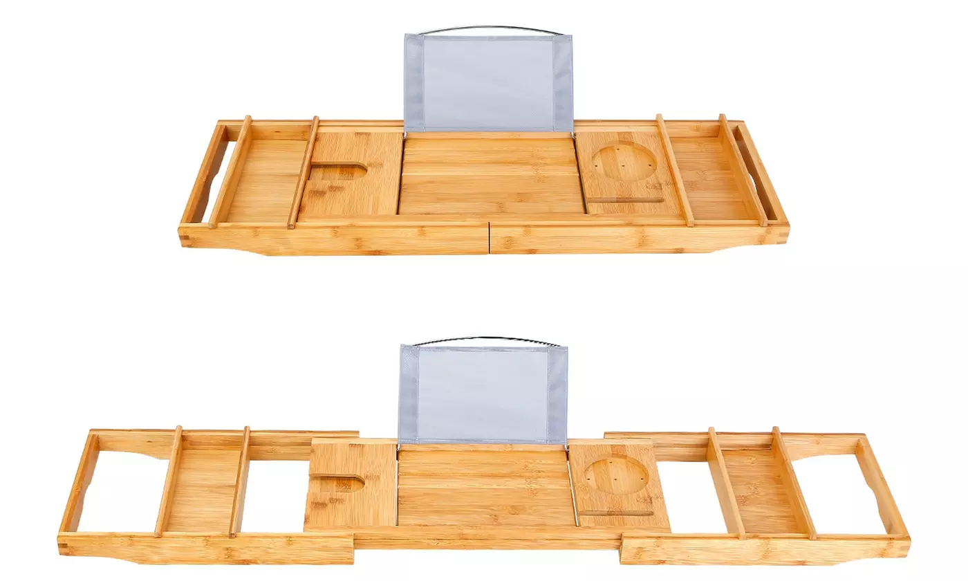 NewHome Bamboo Extendable Bathtub Caddy Tray Spa-Style Bath Shelf Table