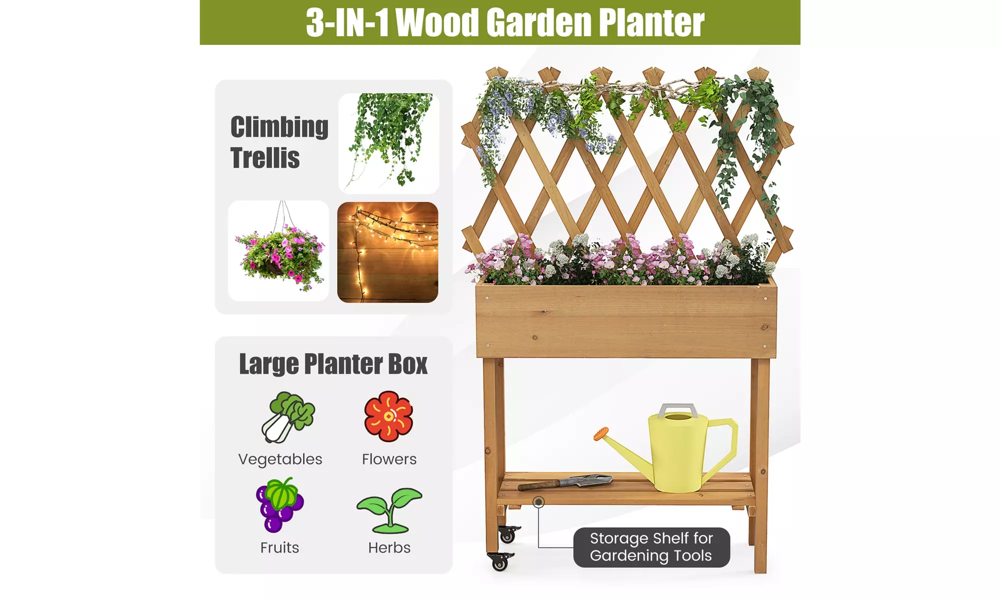 Costway Wood Raised Garden Bed w/ Trellis Storage Shelf Wheels Drainage Holes