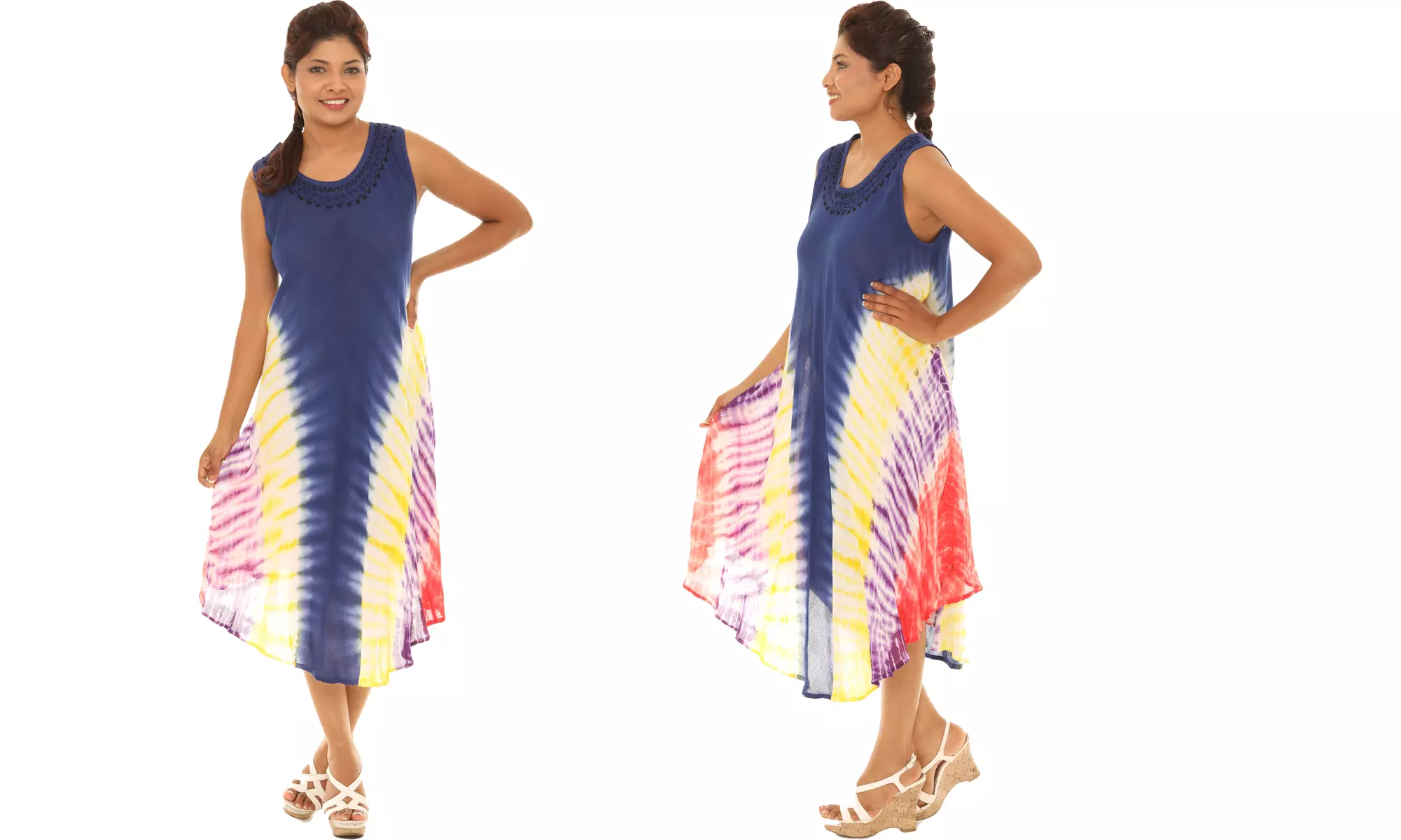 Women's Chevron Stripe Tie Dye Tank Dresses With Embroidered Neckline