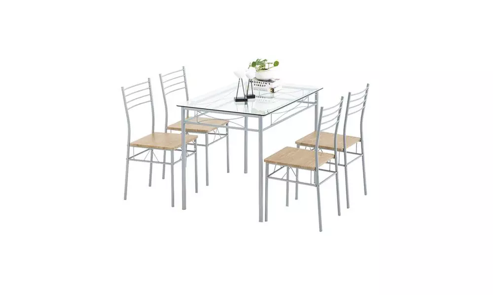 Iron Glass Dining Table and Chairs Silver One Table and Four Chairs - Primary Image
