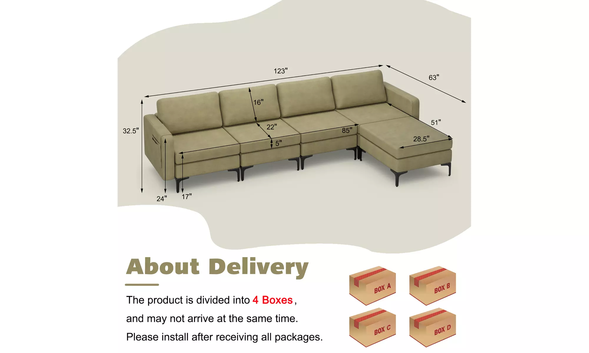 Costway Modular L-shaped Sectional Sofa with Reversible Chaise and 4 USB Ports 